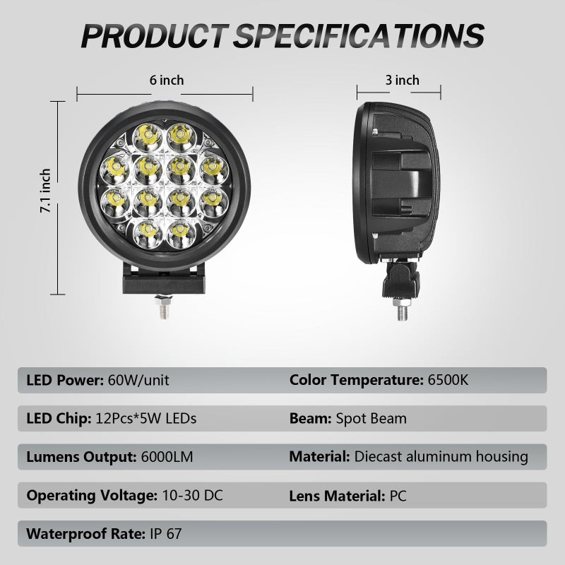 Audak 2Pcs 60W Spot Beam 6 Inch Round LED Work Light Driving Lights Spotlights for Off Road 4x4 Pickup Truck - Image 2